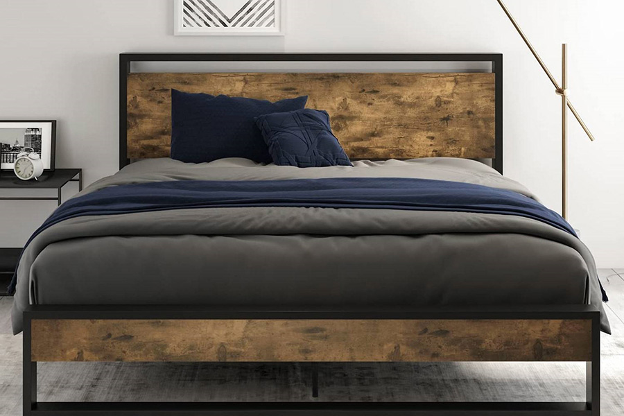 FaFurn - Metal Wood Platform Bed Frame with Industrial Headboard