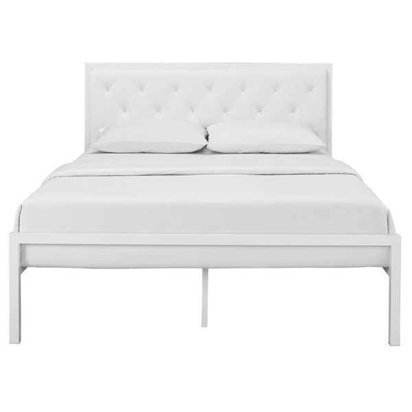 FaFurn Modern Queen Size Platform Bed with Upholstered Headboard - White, Metal