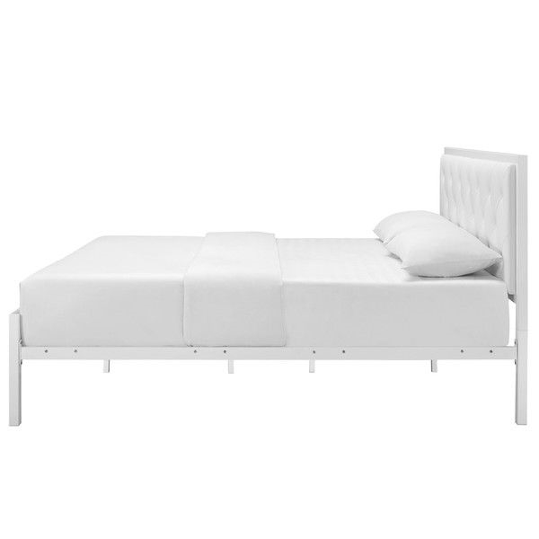 FaFurn Modern Queen Size Platform Bed with Upholstered Headboard - White, Metal