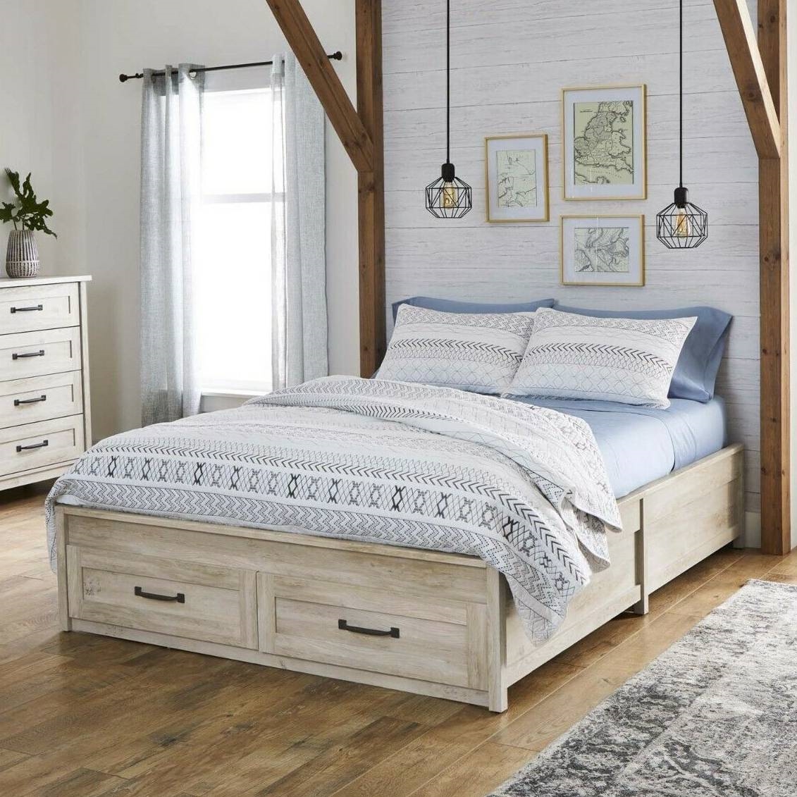 FaFurn - Farmhouse Platform Bed with Storage Drawers