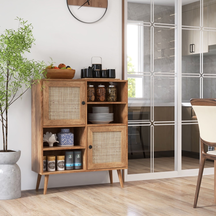 FaFurn - Sideboard Buffet with Rattan Doors in Walnut, Wood