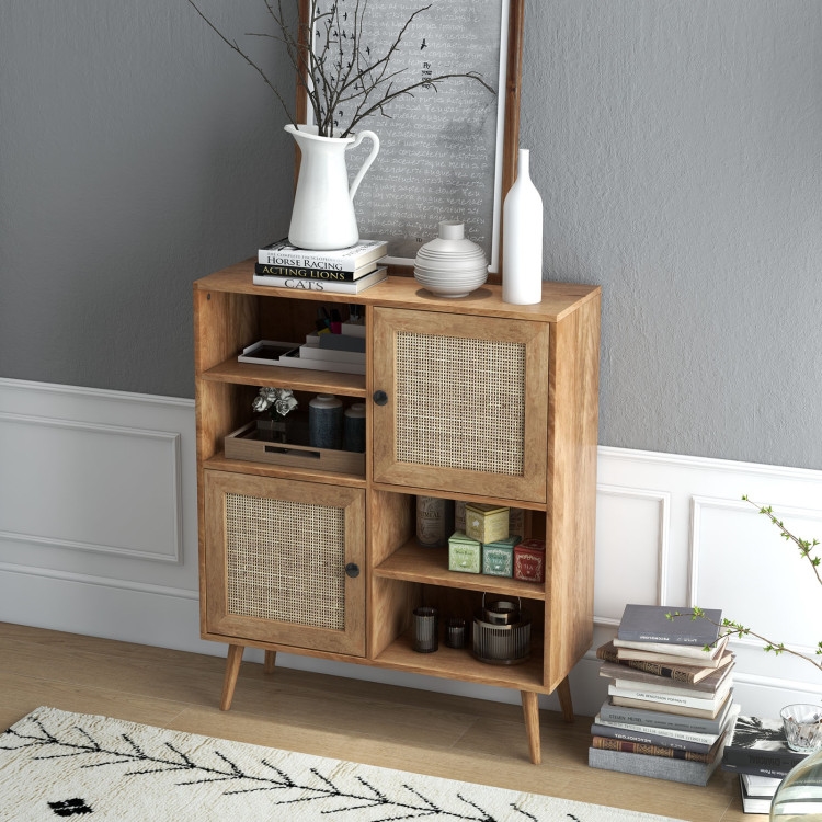 FaFurn - Sideboard Buffet with Rattan Doors in Walnut, Wood