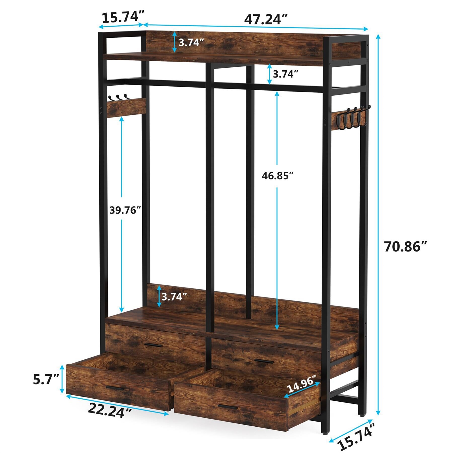 FaFurn Garment Rack Clothes with 4 Storage Drawers - Brown, Metal