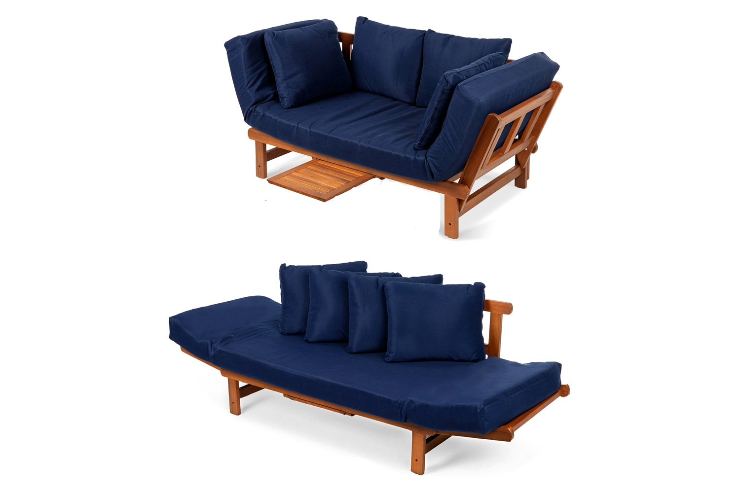 FaFurn - Navy Blue Outdoor Acacia Wood Convertible Sofa Futon with 4 Removable Pillows