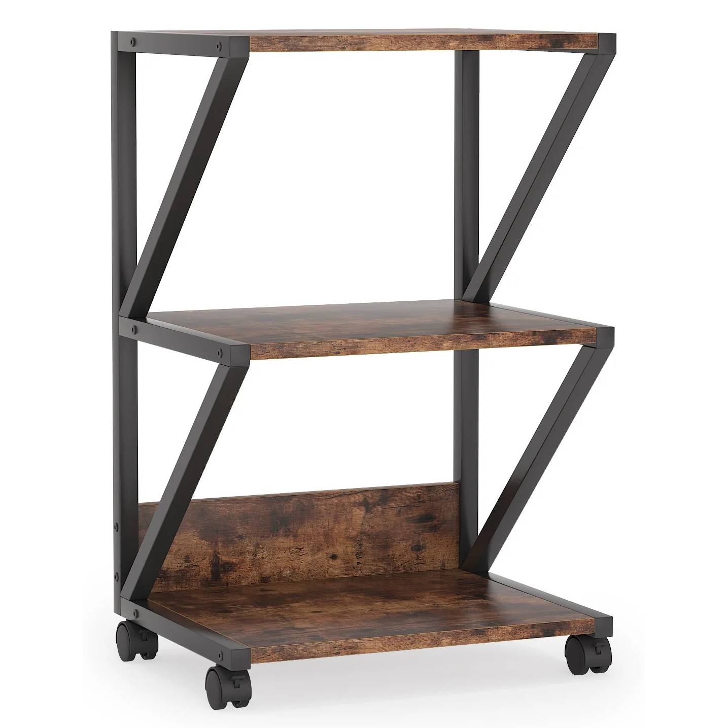 FaFurn Modern 3-Tier Printer Stand on Wheels - Walnut, Metal/Wood