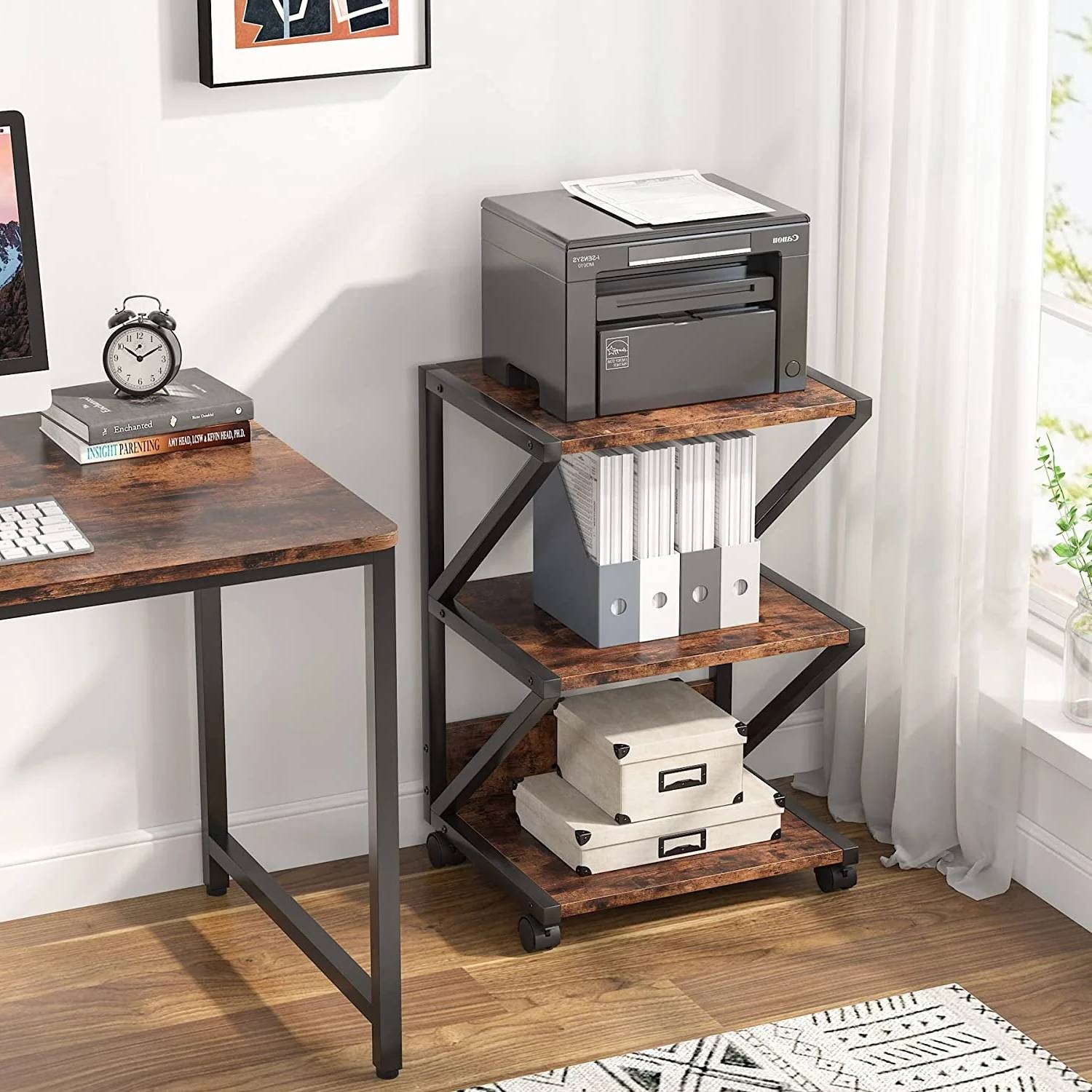 FaFurn Modern 3-Tier Printer Stand on Wheels - Walnut, Metal/Wood