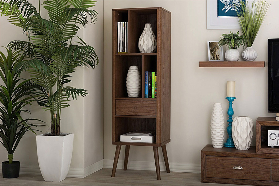 FaFurn - Mid-Century Modern Bookcase Display Shelf in Walnut Wood Finish