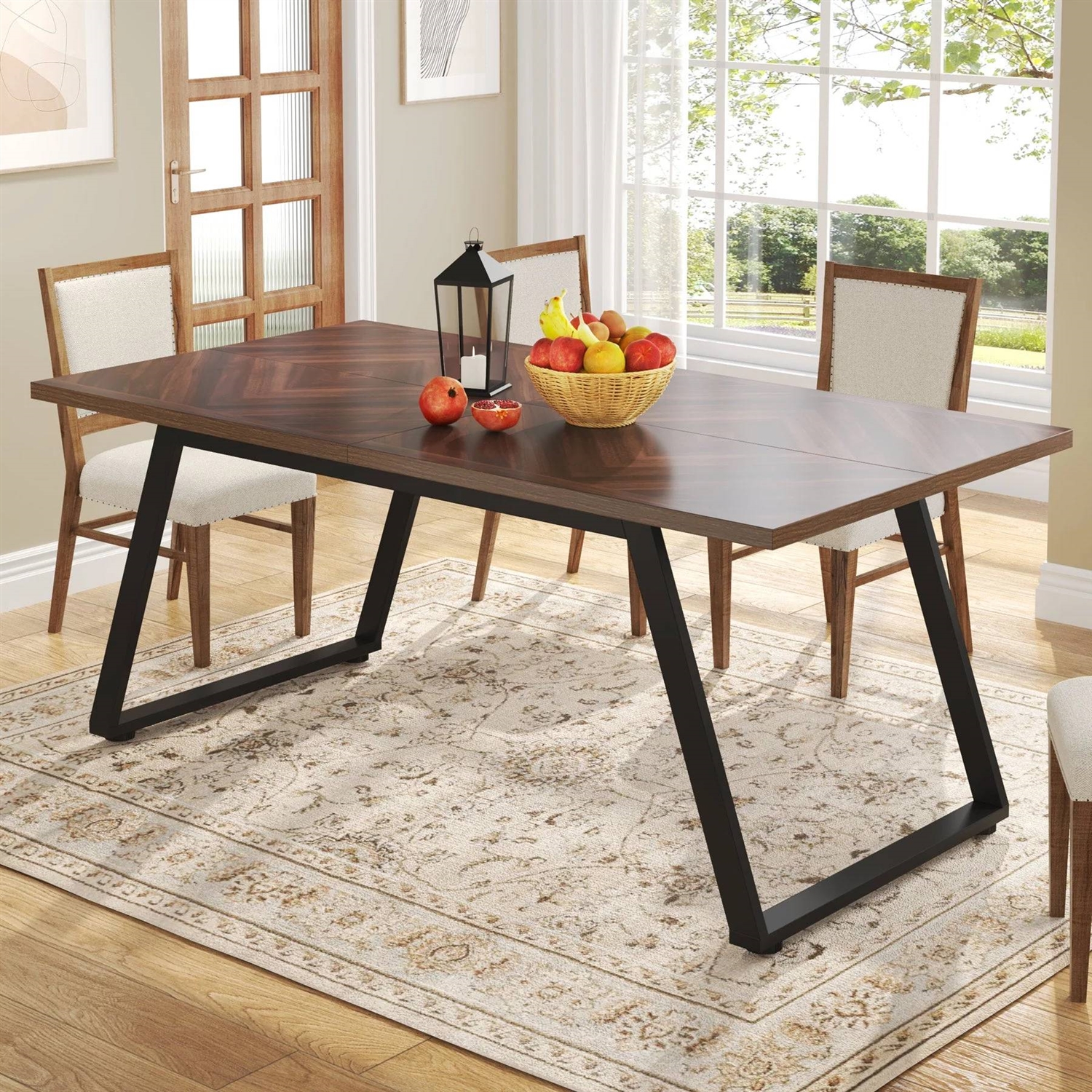 FaFurn Modern Rectangle Dining Table - Brown, Metal Frame