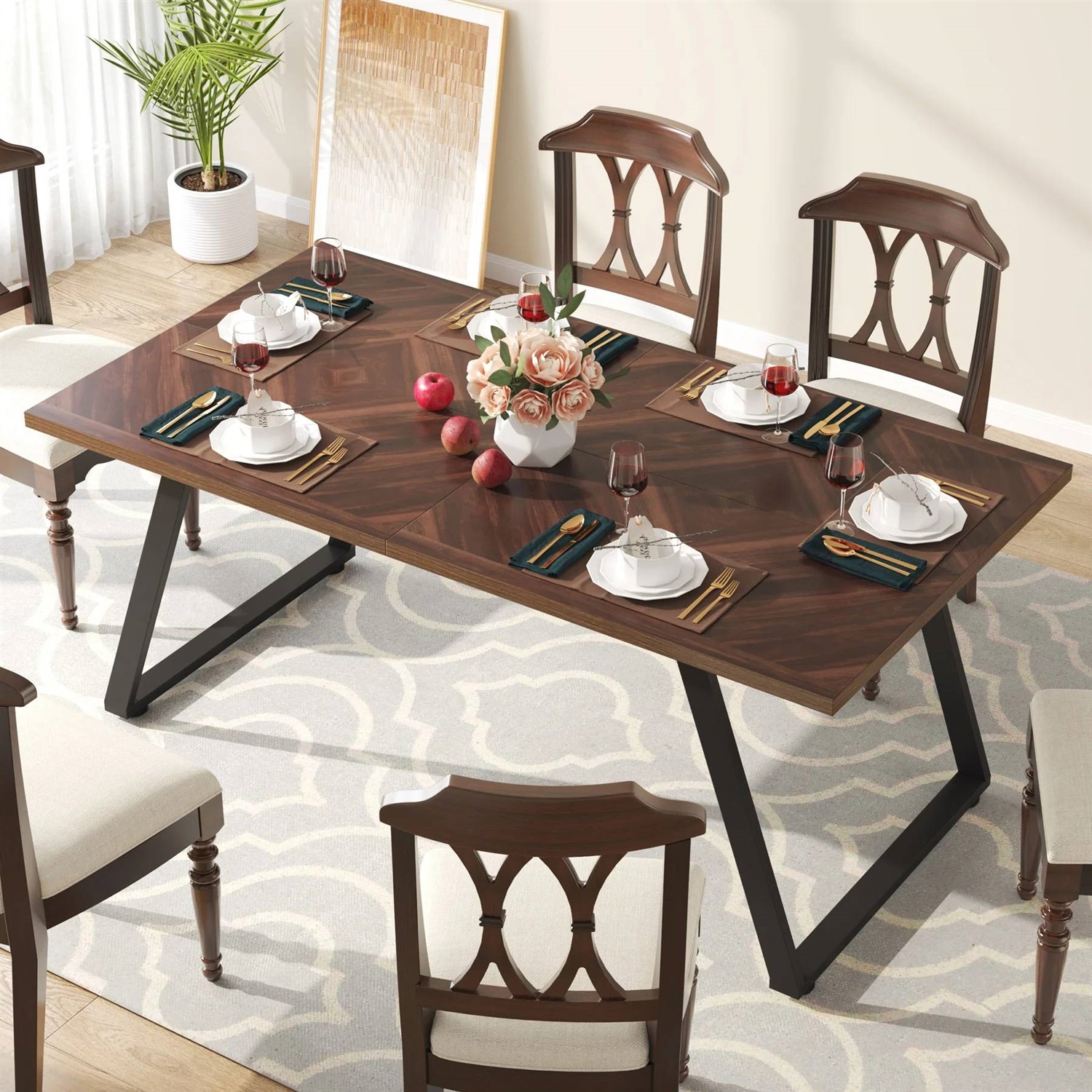 FaFurn Modern Rectangle Dining Table - Brown, Metal Frame