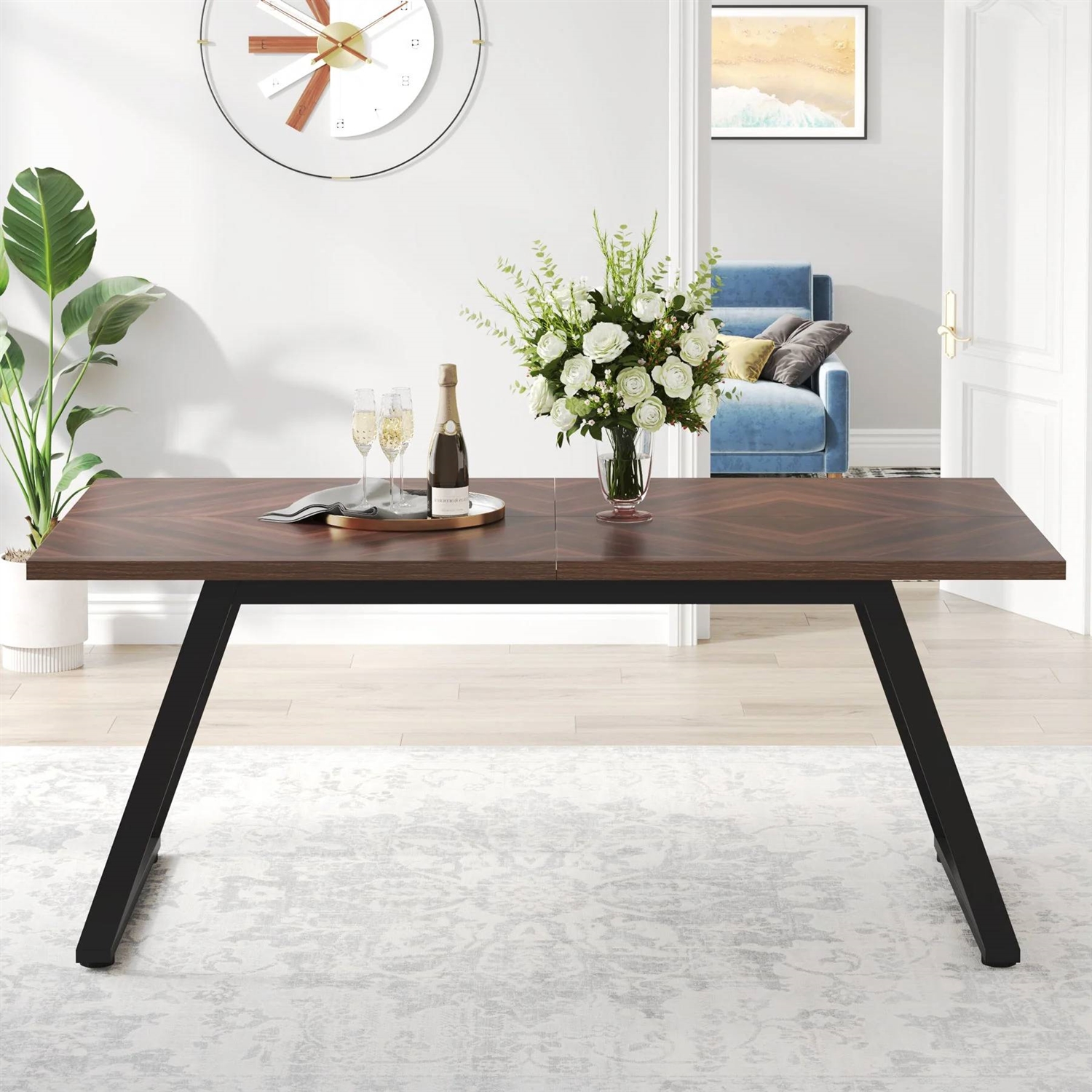 FaFurn Modern Rectangle Dining Table - Brown, Metal Frame