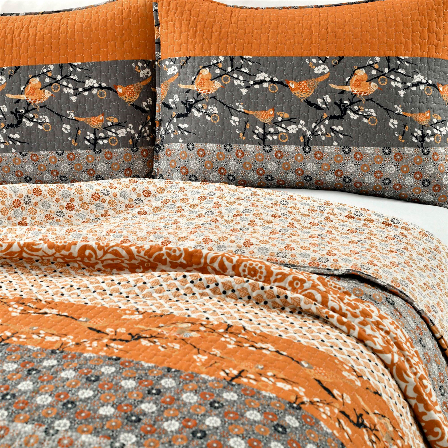 FaFurn Full/Queen Size 3-Piece Reversible Floral Quilt Set - Orange/Gray, Cotton