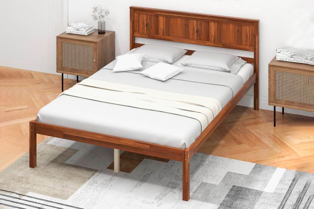 FaFurn Retro Full Size Platform Bed with Headboard - Walnut, Wood