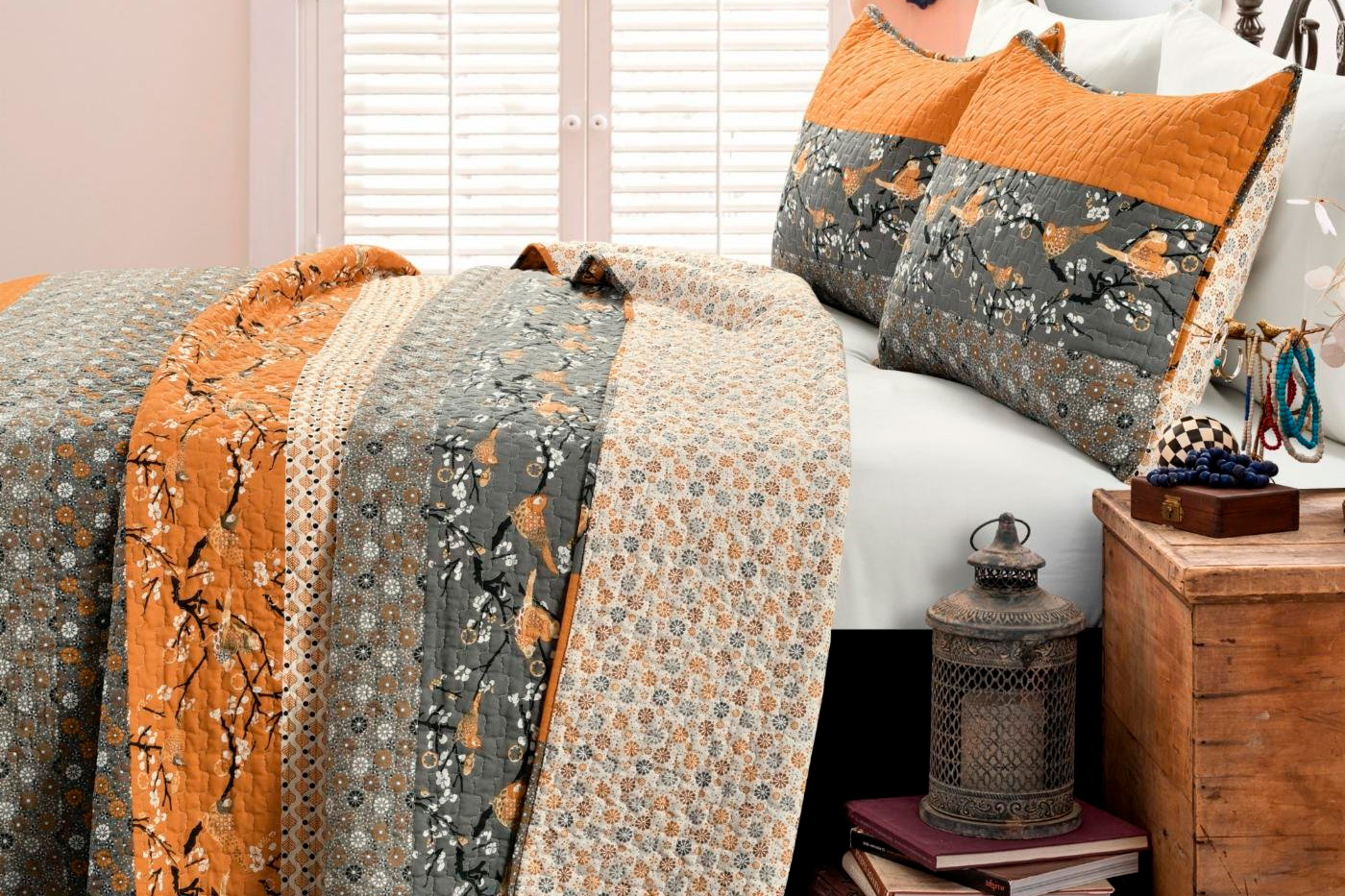 FaFurn King Size 3-Piece Reversible Floral Quilt Set - Orange/Gray, Cotton