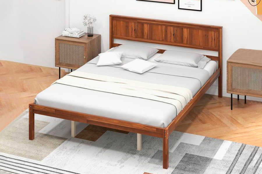 FaFurn Retro Queen Size Platform Bed with Headboard - Walnut, Wood