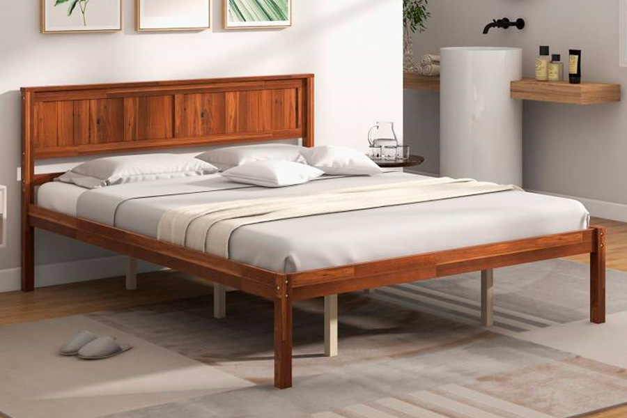 FaFurn Retro Queen Size Platform Bed with Headboard - Walnut, Wood