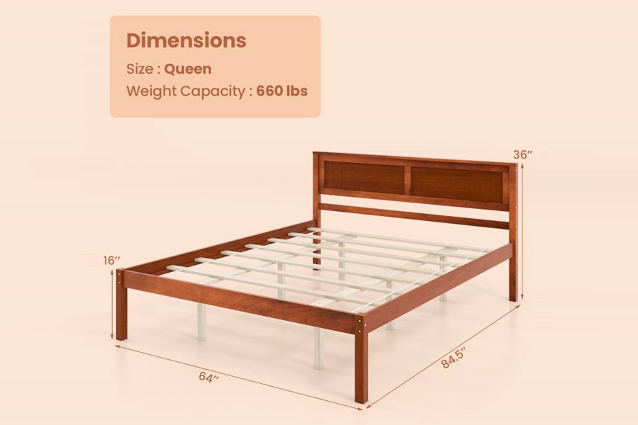 FaFurn Retro Queen Size Platform Bed with Headboard - Walnut, Wood