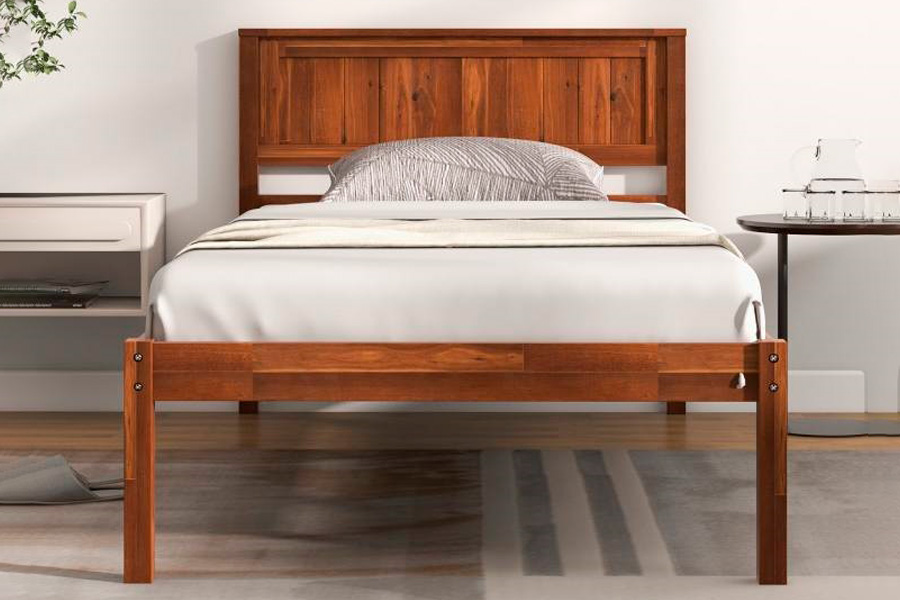 FaFurn - Retro Twin Size Platform Bed with Headboard in Walnut, Wood