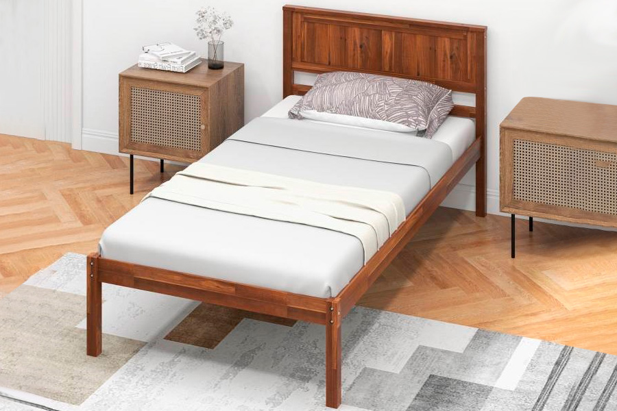 FaFurn - Retro Twin Size Platform Bed with Headboard in Walnut, Wood