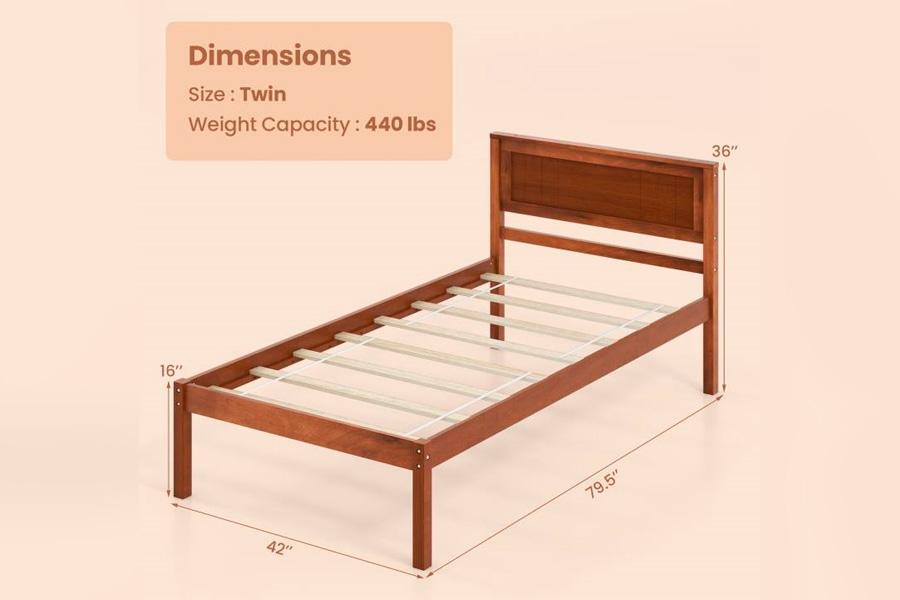 FaFurn - Retro Twin Size Platform Bed with Headboard in Walnut, Wood