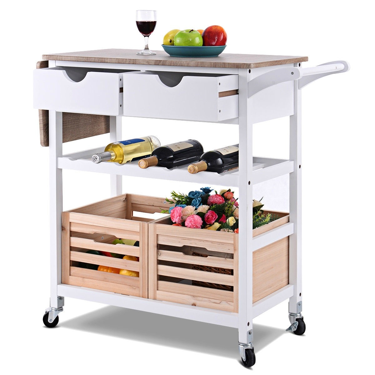 FaFurn - Kitchen Island Cart with Wine Rack and Wheels in White, Wood