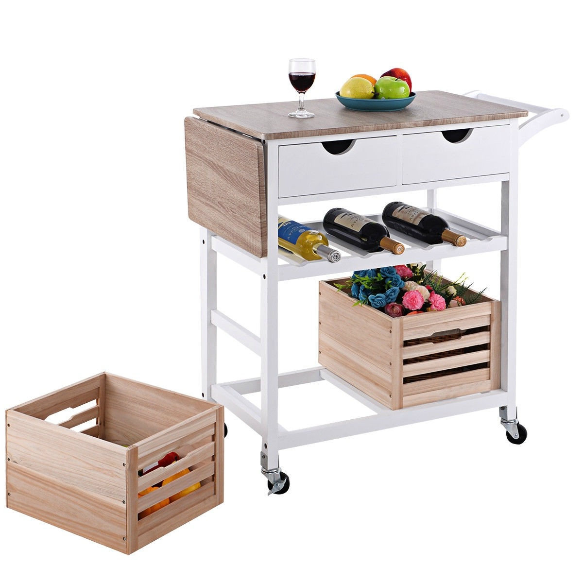 FaFurn - Kitchen Island Cart with Wine Rack and Wheels in White, Wood