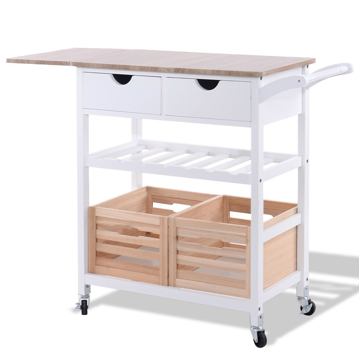 FaFurn - Kitchen Island Cart with Wine Rack and Wheels in White, Wood