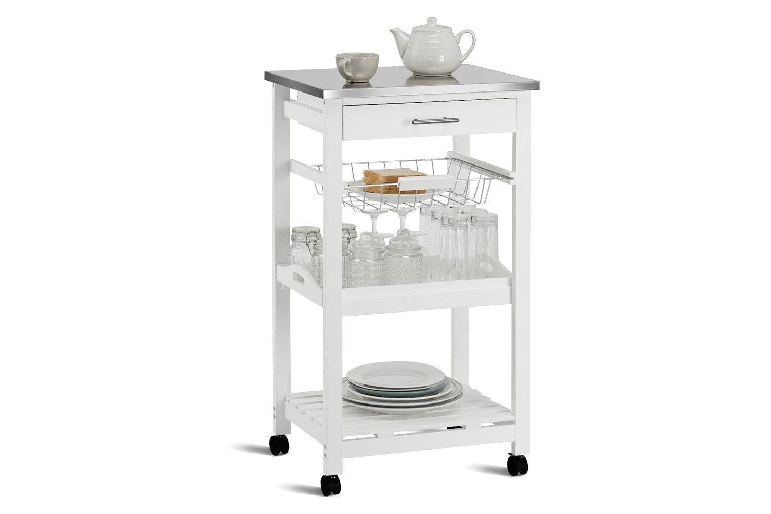 FaFurn - White Kitchen Cart with Storage Drawer and Stainless Steel Top