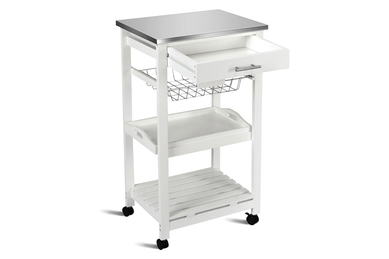 FaFurn - White Kitchen Cart with Storage Drawer and Stainless Steel Top