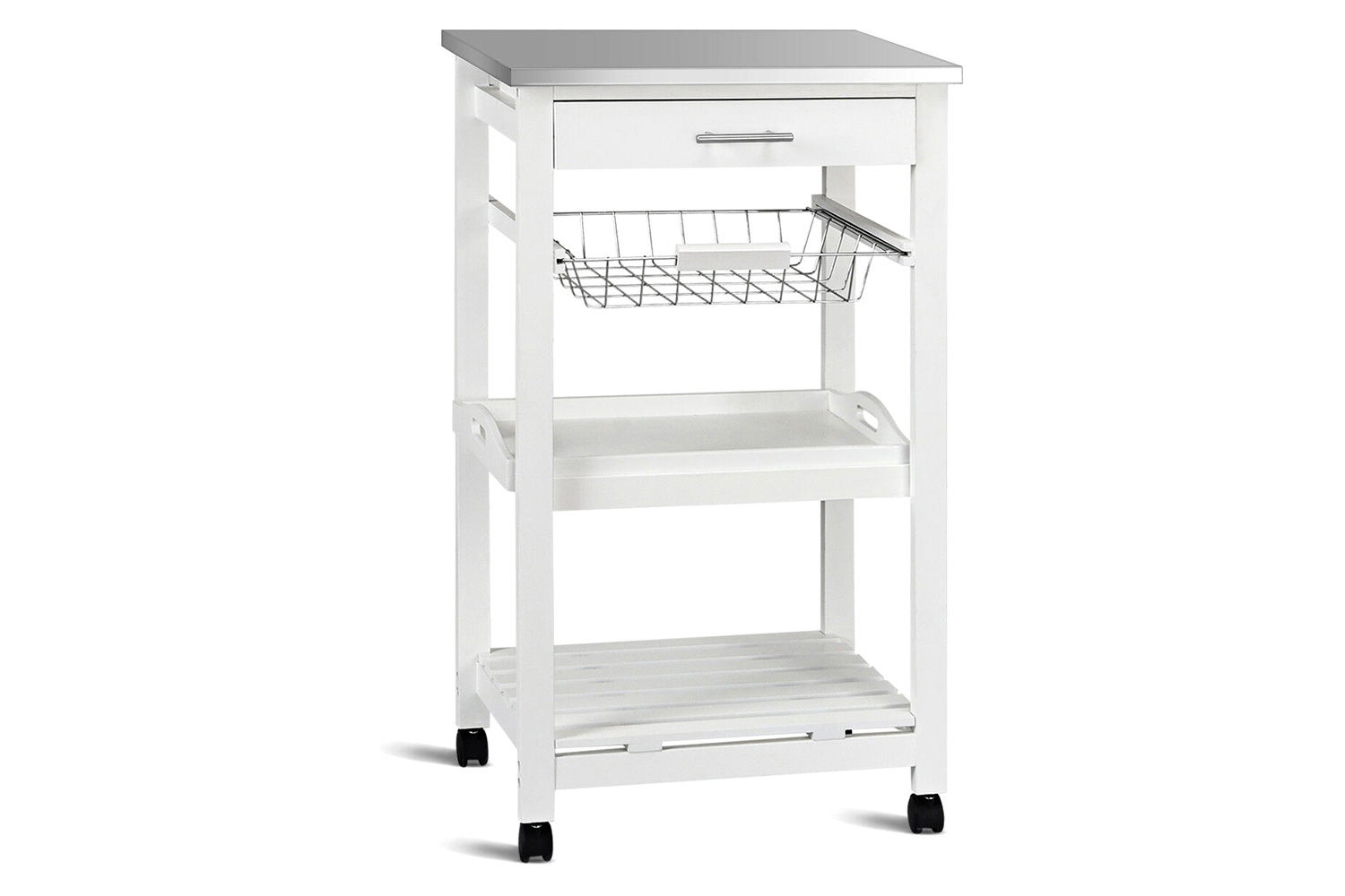 FaFurn - White Kitchen Cart with Storage Drawer and Stainless Steel Top