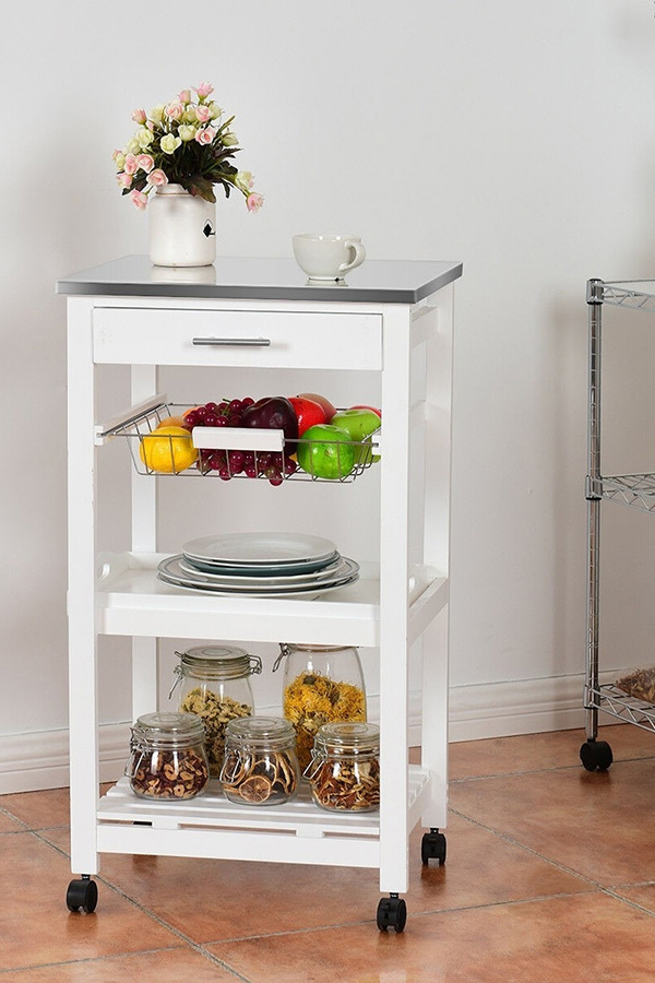 FaFurn - White Kitchen Cart with Storage Drawer and Stainless Steel Top