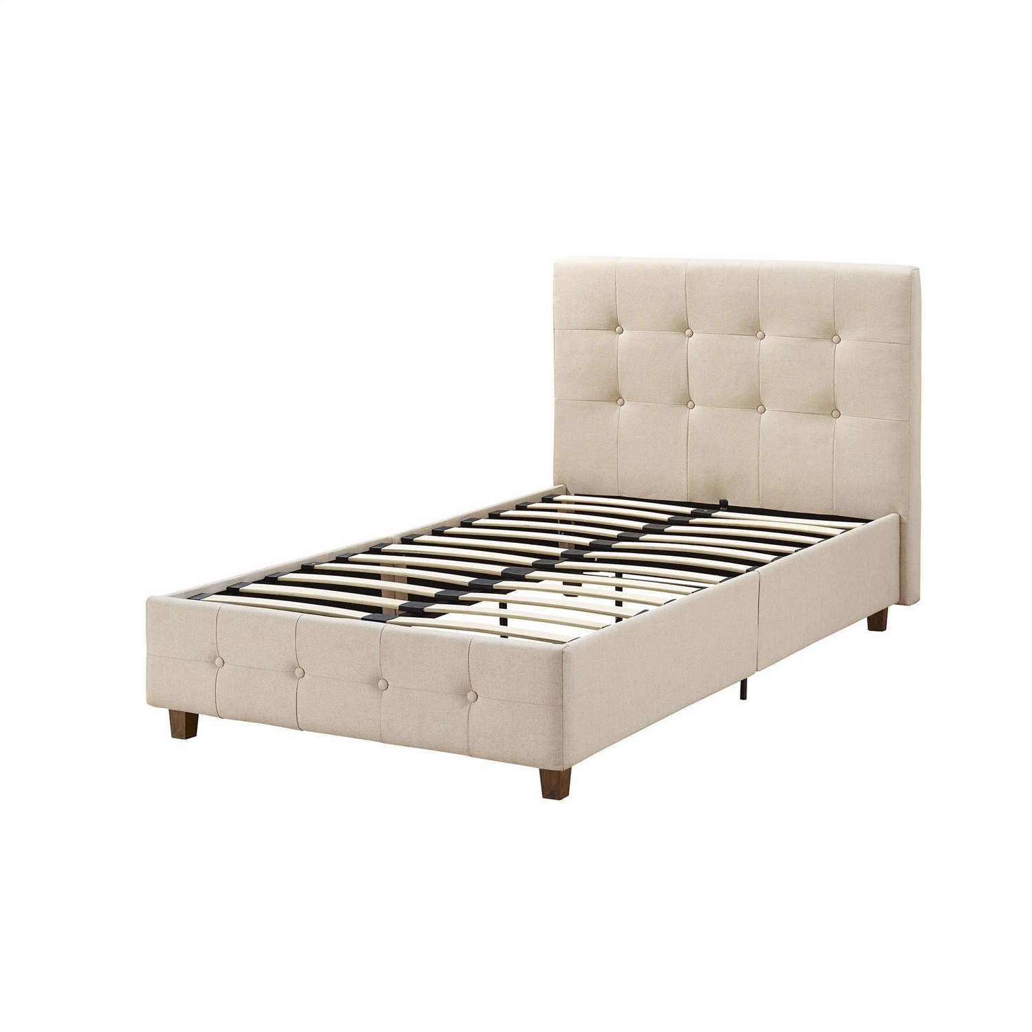 FaFurn - Twin Size Platform Bed Frame with Button-Tufted Headboard in Tan