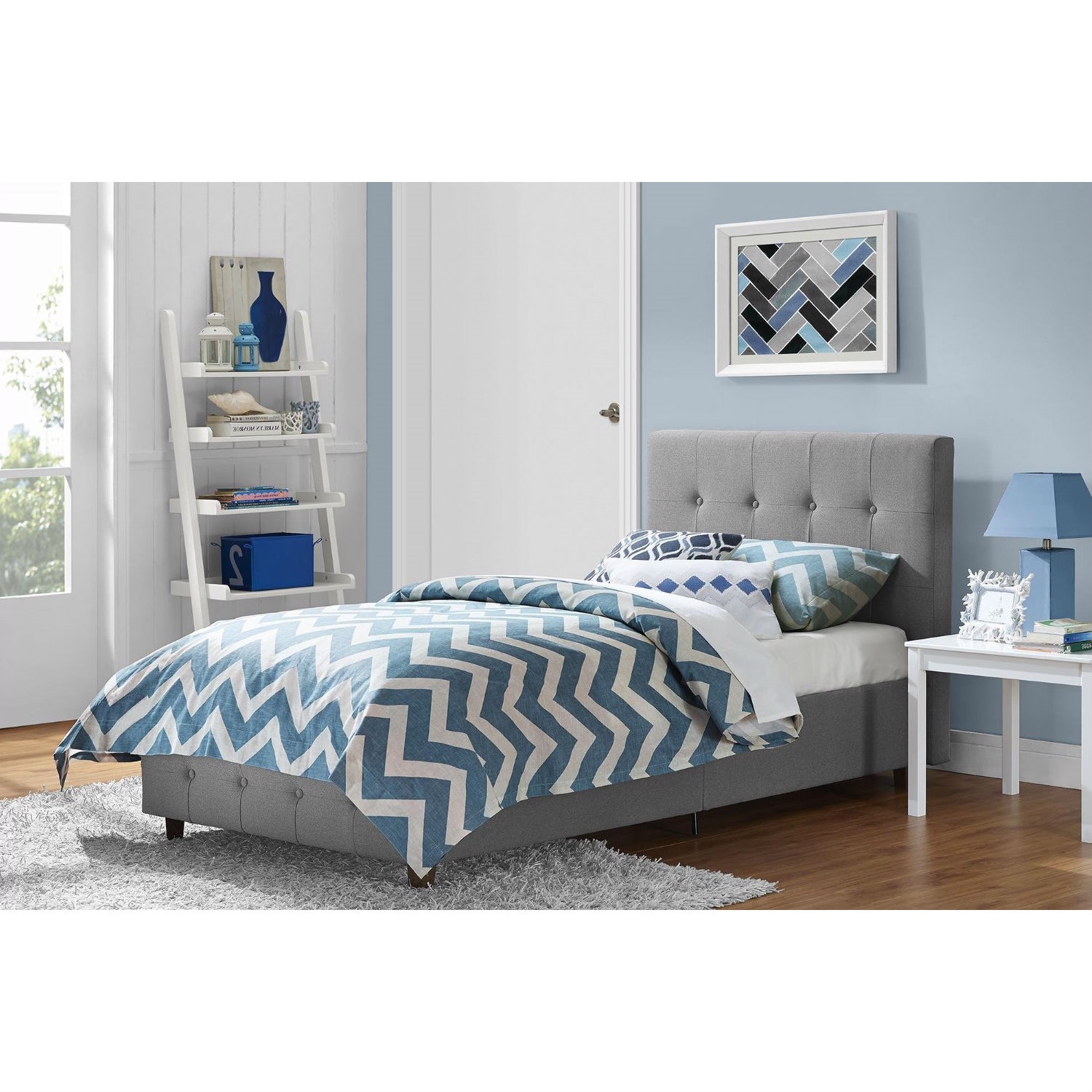 FaFurn - Twin Size Platform Bed Frame with Button-Tufted Headboard