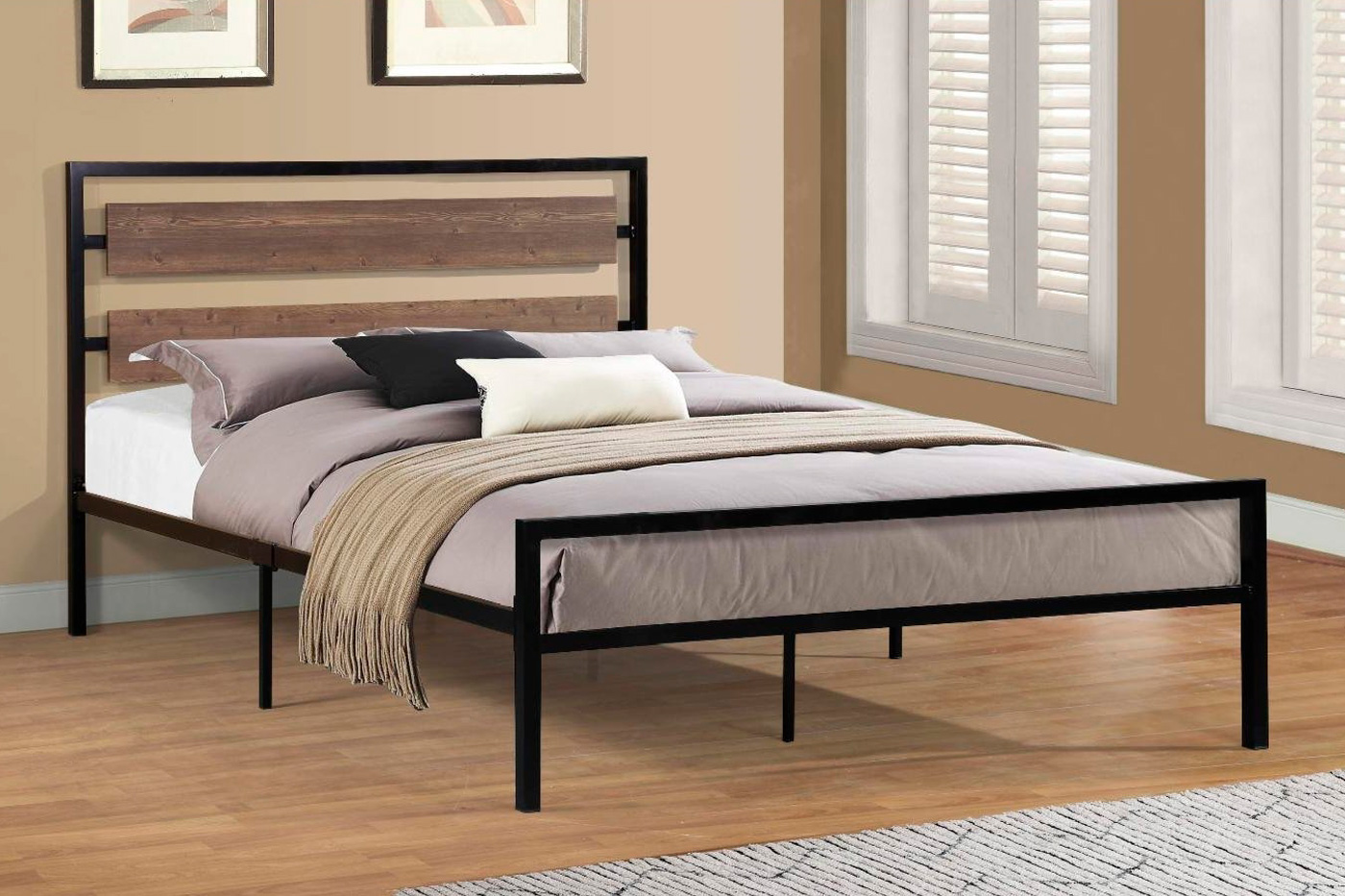 FaFurn Industrial Full Size Platform Bed with Wood Panel Headboard - Black/Walnut, Metal/Wood