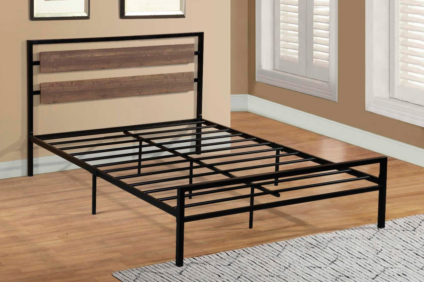 FaFurn Industrial Full Size Platform Bed with Wood Panel Headboard - Black/Walnut, Metal/Wood