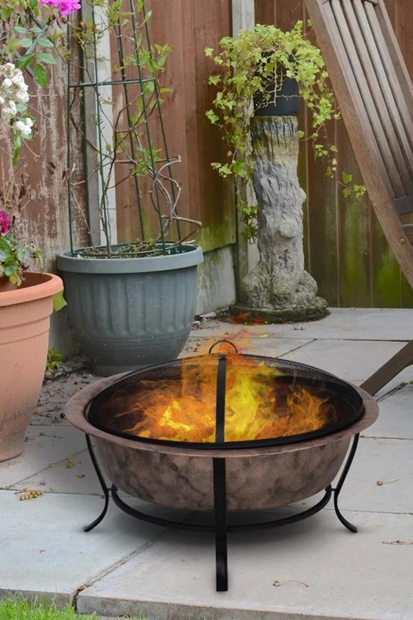 FaFurn Rustic Outdoor Wood Burning Fire Pit Cauldron Style Steel Bowl with Log Poker and Mesh Screen Lid