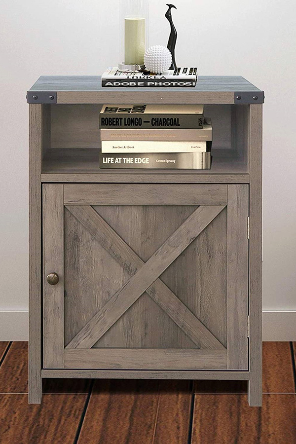 FaFurn - Farmhouse Style End Table Barn Door Nightstand with Open Shelf in Rustic Oak