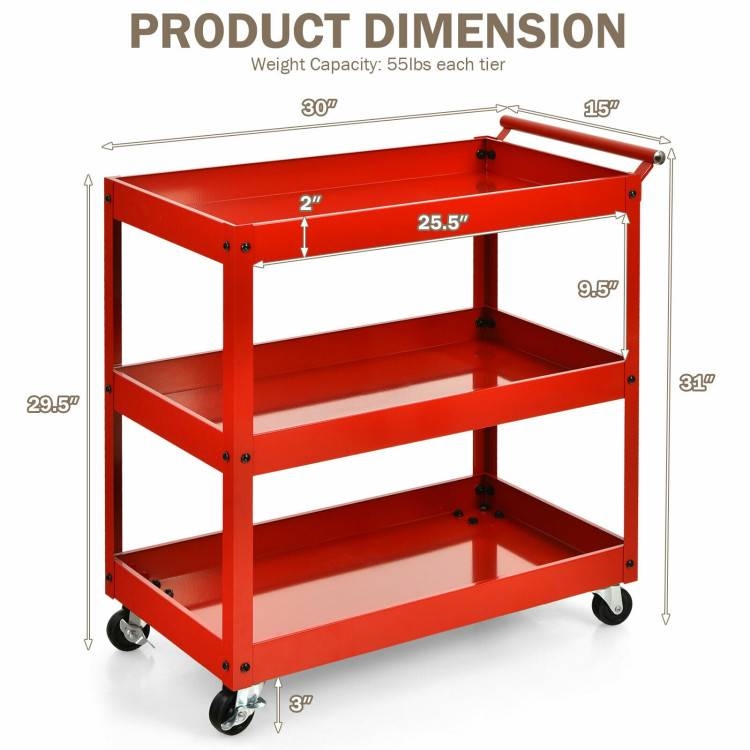 FaFurn Serving Utility Cart with 2 Bottom Shelves - Red, Steel