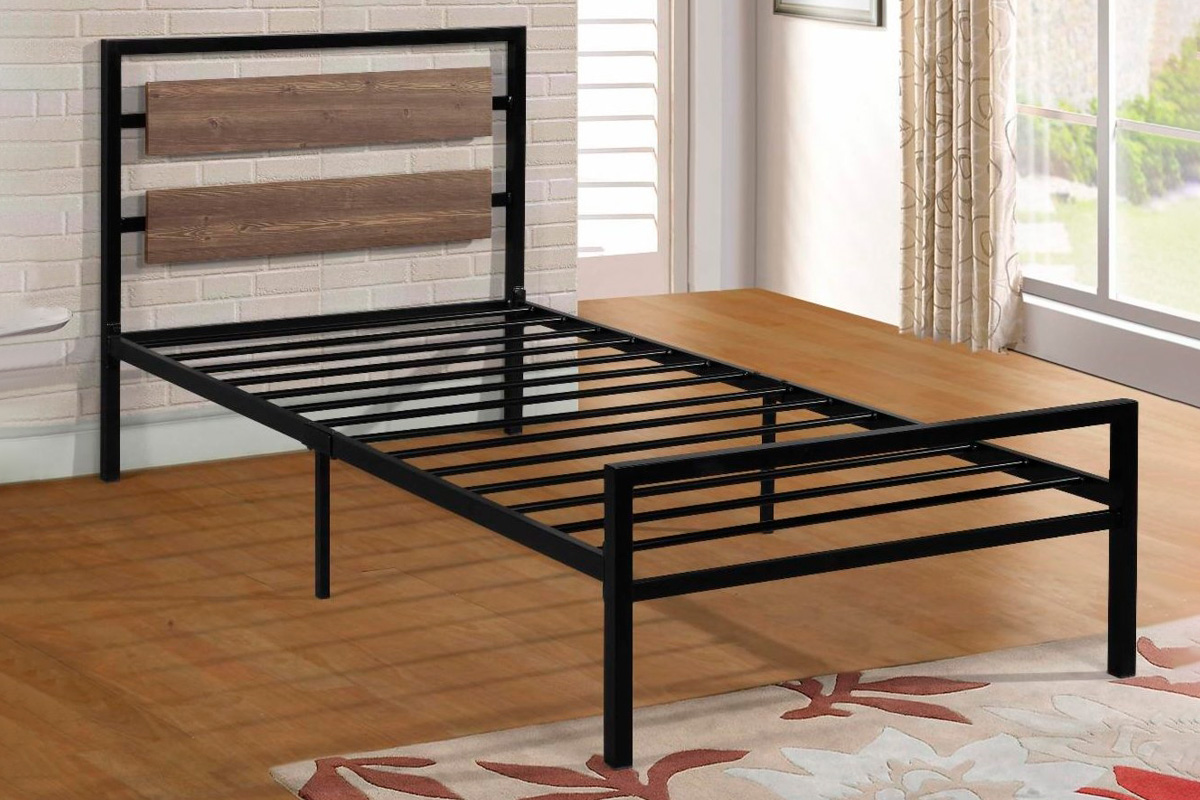 FaFurn - Industrial Platform Bed with Wood Panel Headboard