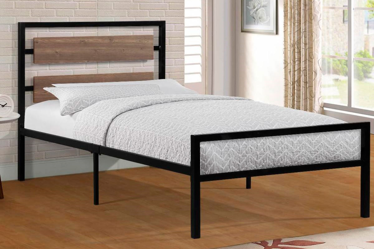 FaFurn Industrial Twin Size Platform Bed with Wood Panel Headboard - Black/Walnut, Metal/Wood