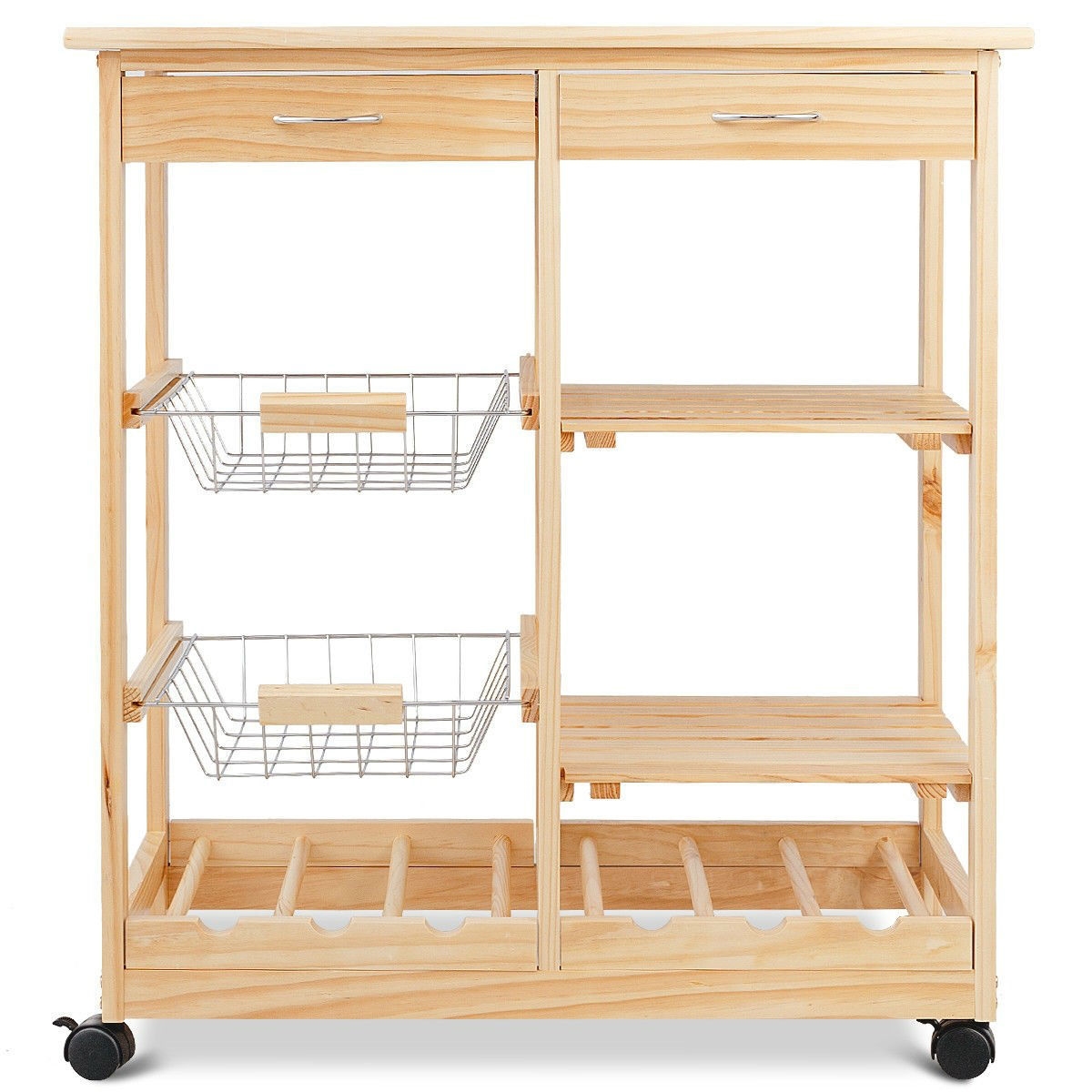 FaFurn - Kitchen Cart with Storage Drawers and Wine Rack in Natural, Wood