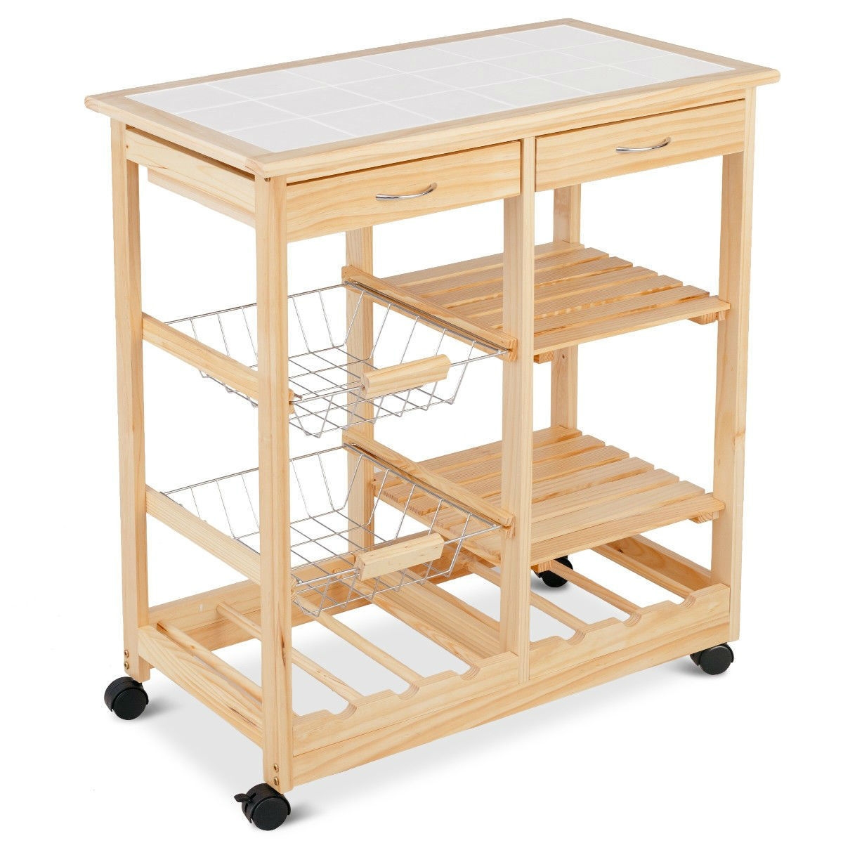 FaFurn - Kitchen Cart with Storage Drawers and Wine Rack in Natural, Wood