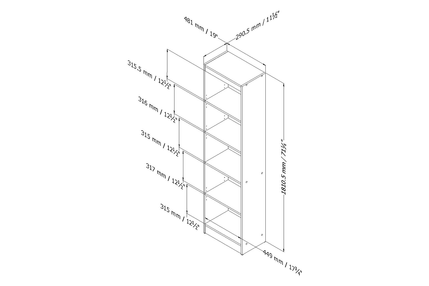 FaFurn 5-Shelf Narrow Bookcase - Black