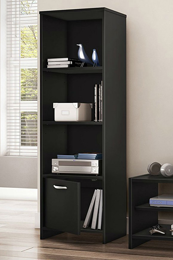 FaFurn - Modern Bookcase with 3 Shelves & Bottom Door in Black