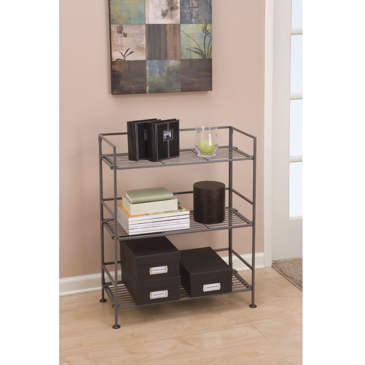 FaFurn - Folding 3-Shelf Bookcase Storage Shelves in Pewter, Iron