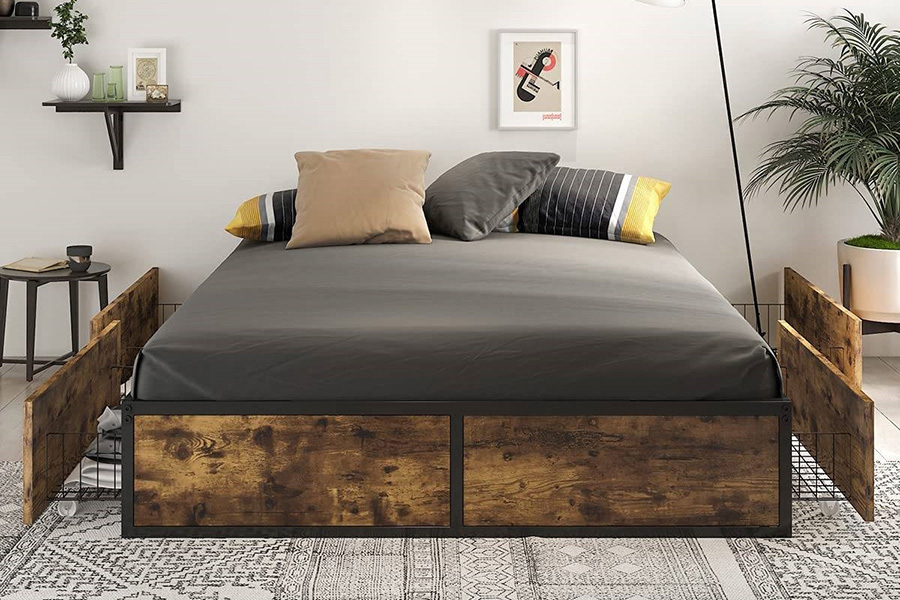 FaFurn Metal Wood Platform Bed Frame with 4 Storage Drawers - Queen Size