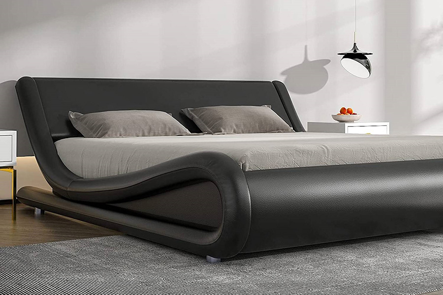 FaFurn Modern Faux Leather Upholstered Platform Bed Frame with Headboard - Black, Full Size