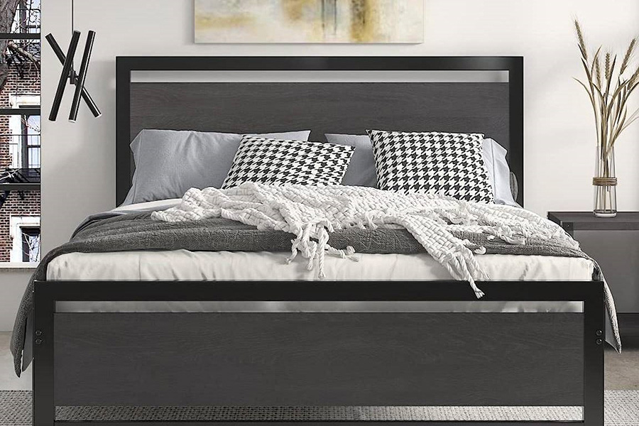 FaFurn - Metal Platform Bed Frame with Wood Panel Headboard and Footboard