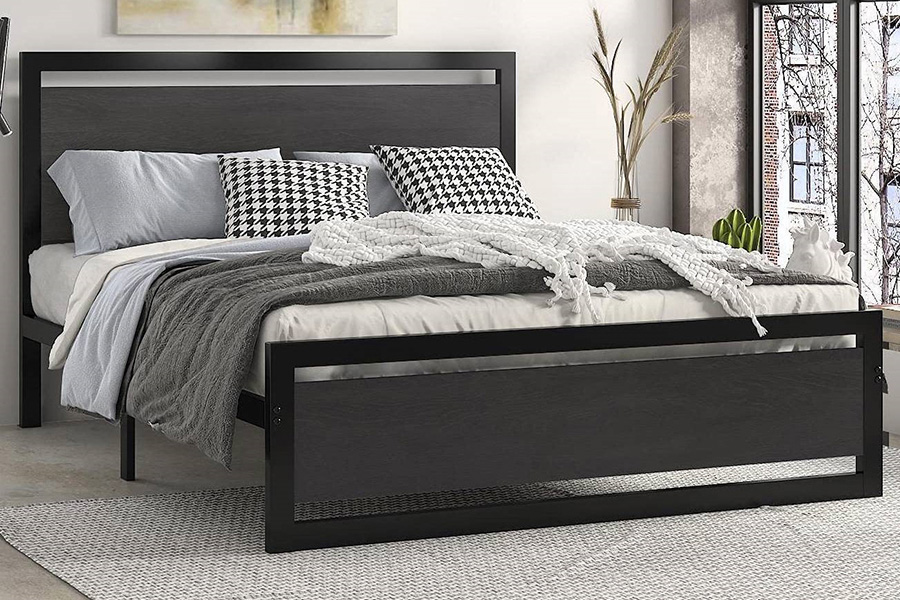 FaFurn Metal Platform Bed Frame with Wood Panel Headboard and Footboard - Black, Full Size