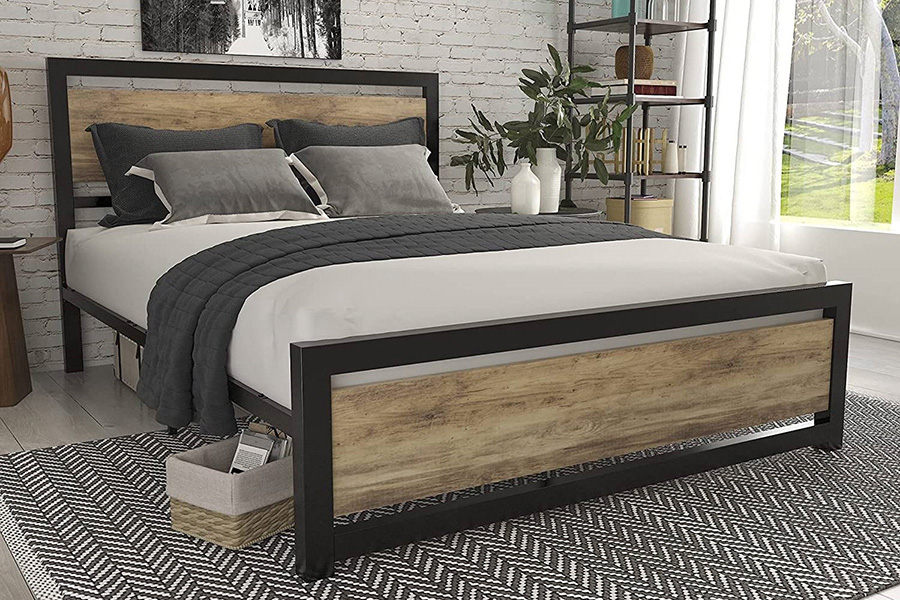 FaFurn Metal Platform Bed Frame with Wood Panel Headboard and Footboard - Brown, Full Size