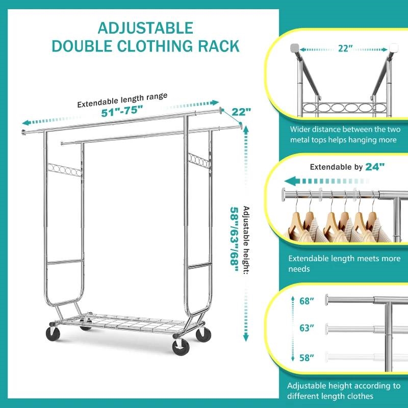 FaFurn Garment Rack Clothes on Wheels - Silver, Metal, 600 lbs Capacity